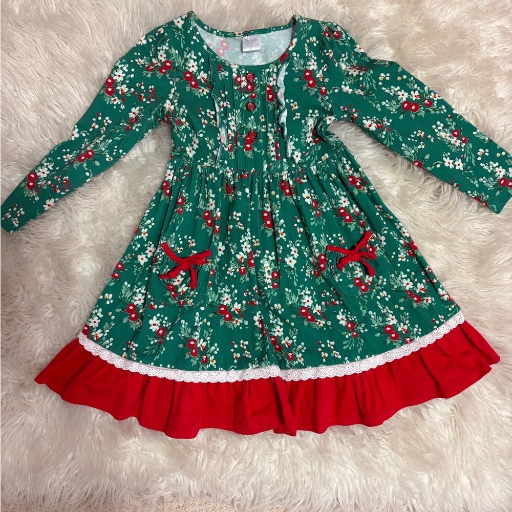Love Millie Floral Green and Red Dress with Lace Trim
